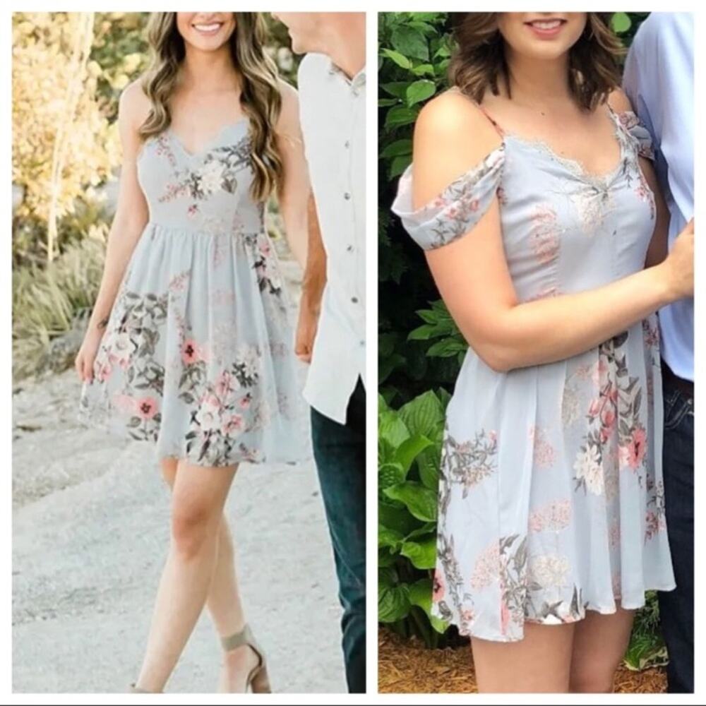 NWOT Lulus Verona Light Blue Floral Print Off-the-Shoulder Lace Dress - Picture 9 of 10